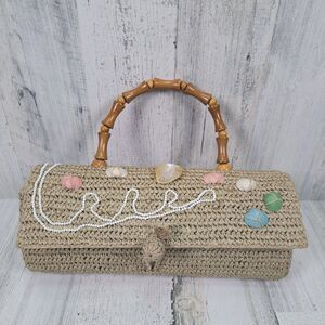 VTG Handbag Woven Raffia Straw Purse Wood Handle Sea Shells Boho Beach Cruise